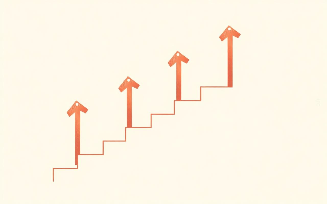 Stylized staircase of copper arrows ascending — a step-by-step process.