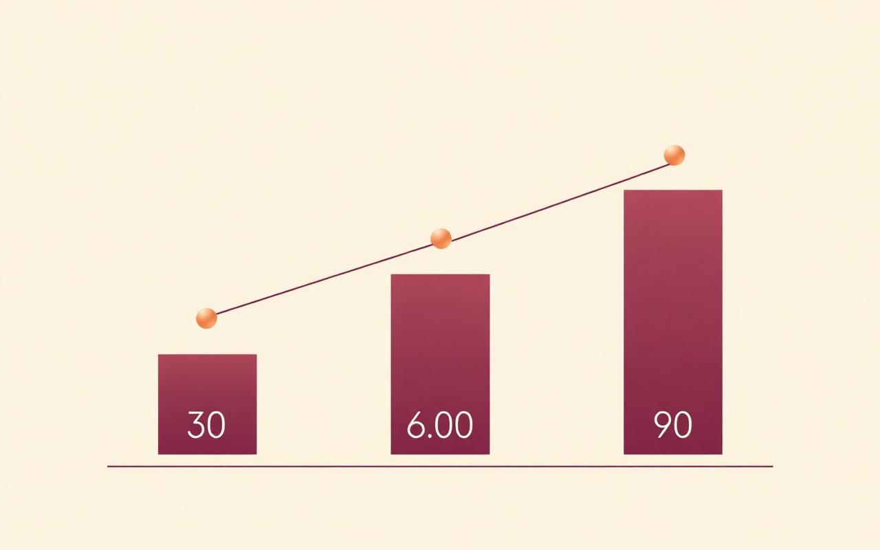 Three ascending bars marked 30, 60, 90 with copper milestone markers.