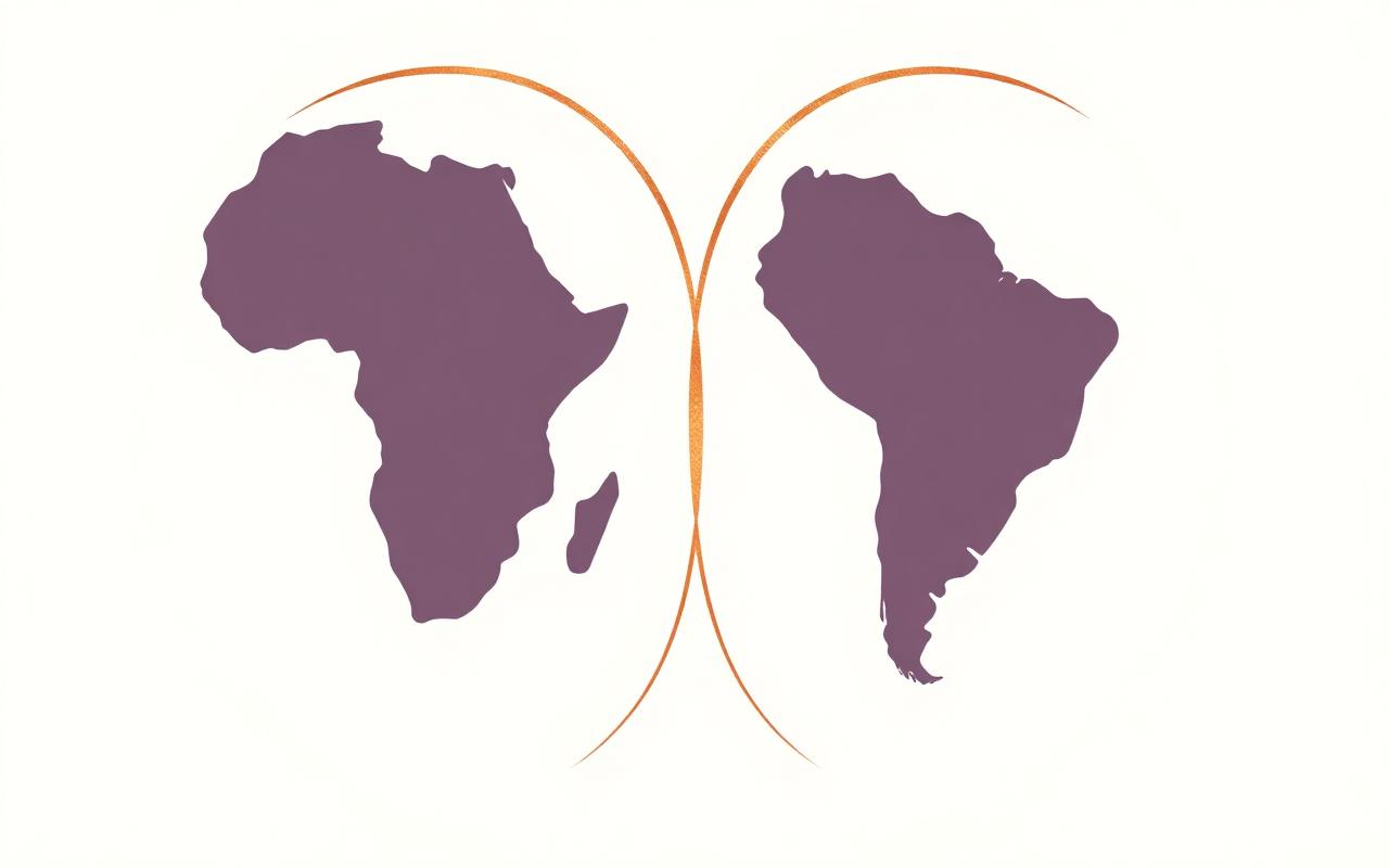 Two continent silhouettes — Africa and South America — connected by copper arcs.
