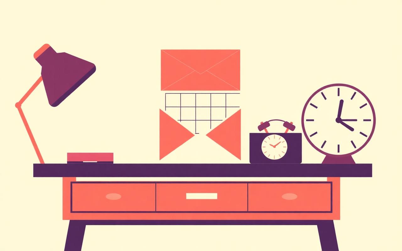 Stylized desk with calendar, envelope and clock representing an EA's domain.